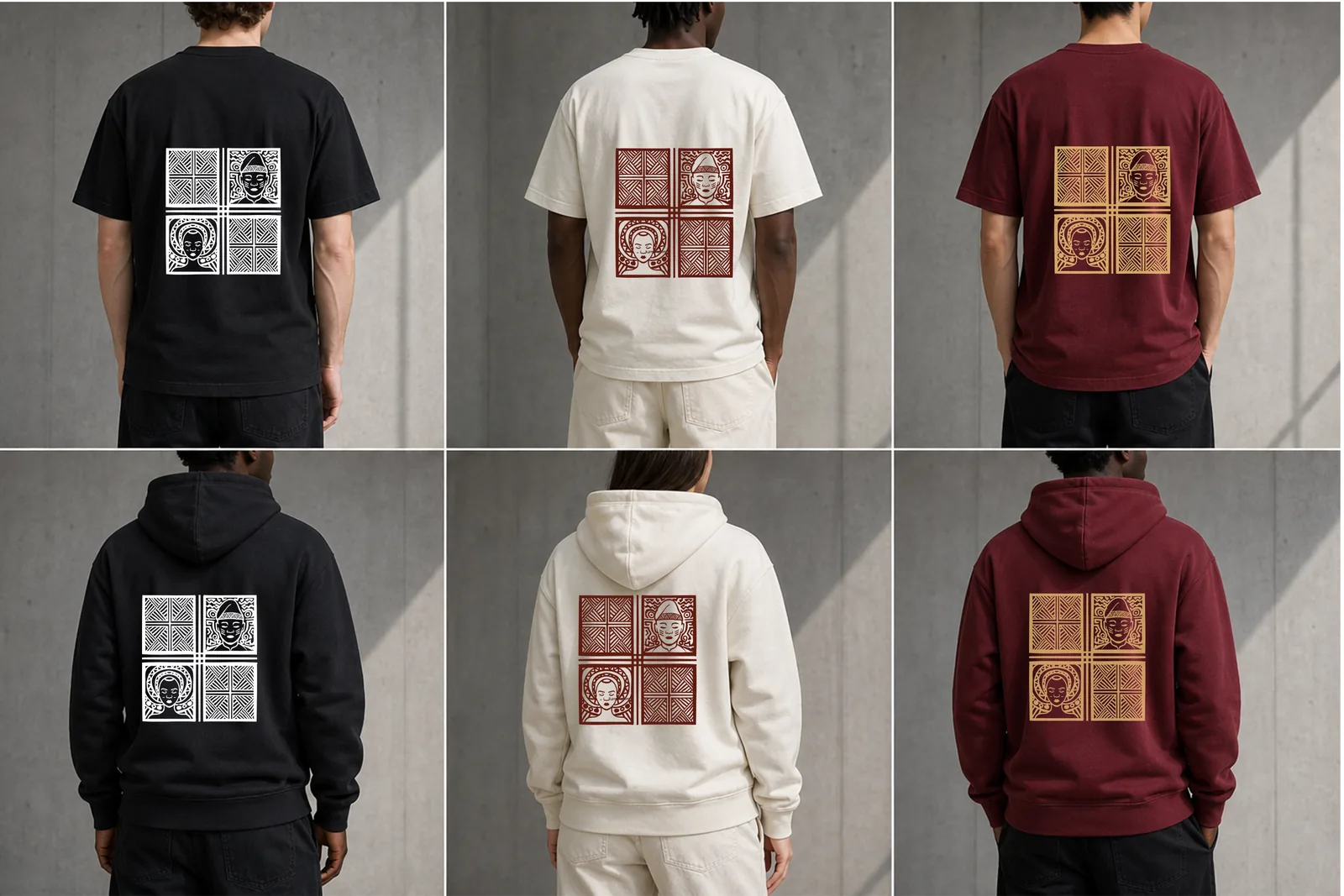 Apoti Olowe back-print tees and hoodies on models