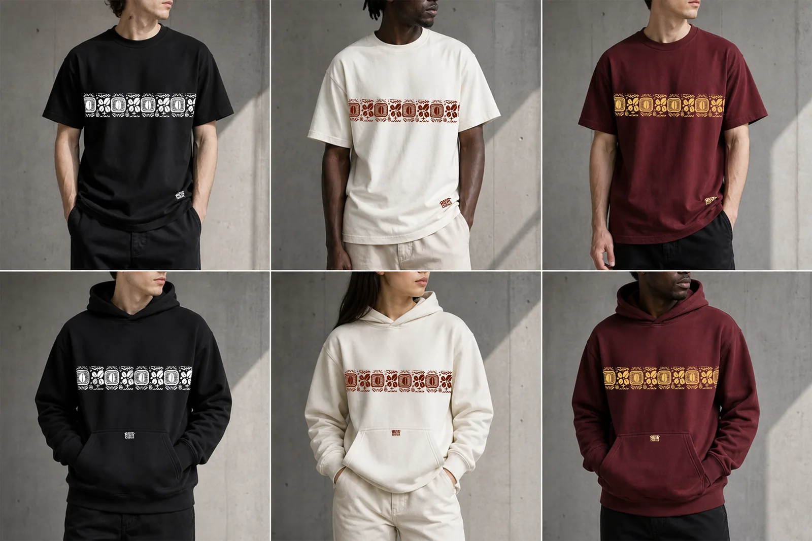 Apoti Olowe front-print tees and hoodies on models